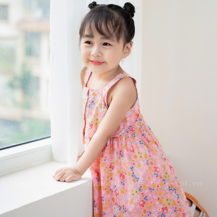 Váy Bé Gái Carrot Hai Dây, Họa Tiết Gấu Teddy Hồng, Teddy Vàng, Chất Liệu Thô Cotton Thấm Hút Mồ Hôi