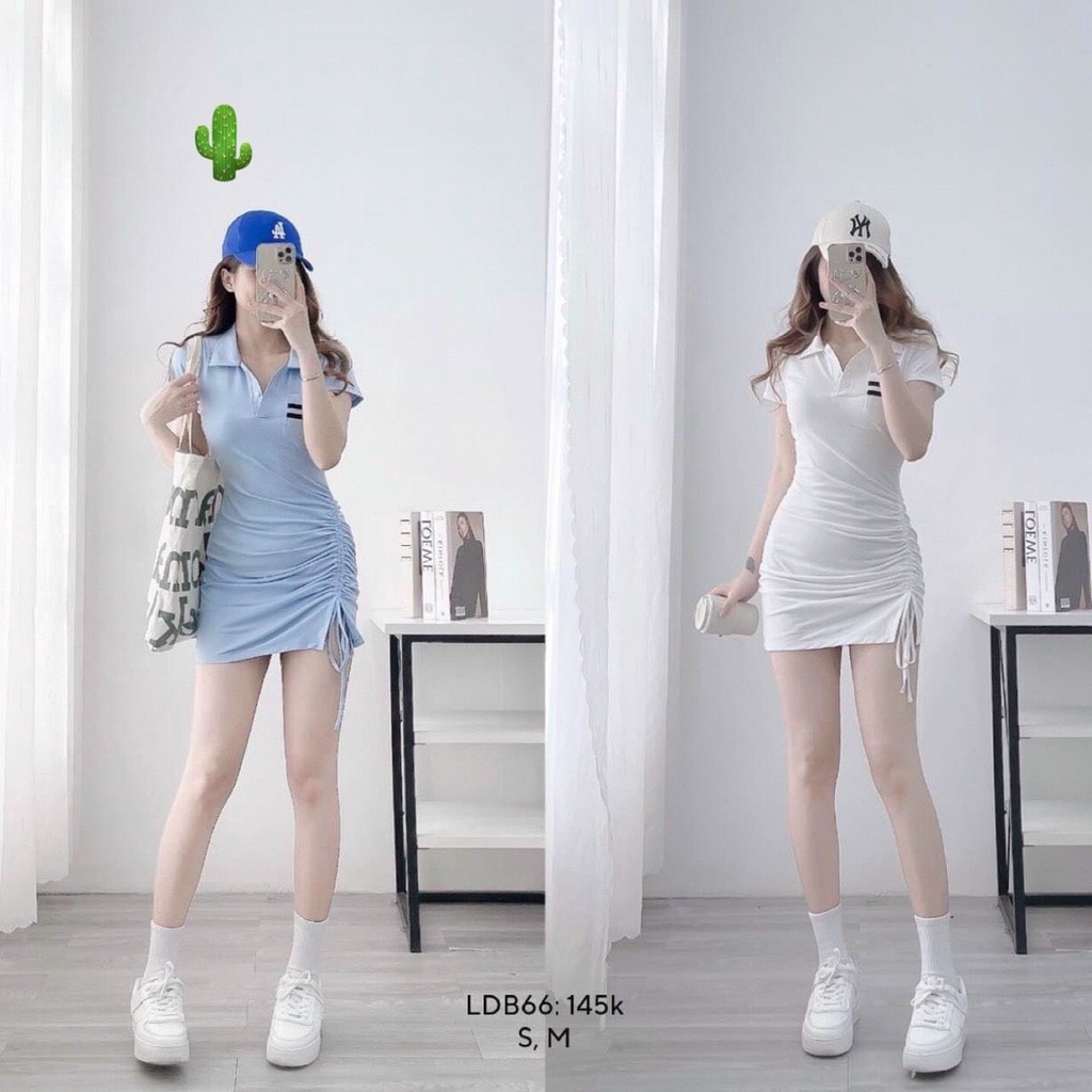 Đầm polo 1 túi sọc 2 vạch ôm body rút dây 1 bên cực xinh , chất thun bozip mềm mát
