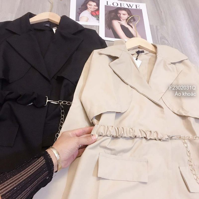 Áo khoác cổ vest đắp túi nắp tay dài thắt dây đai gài xích 2302