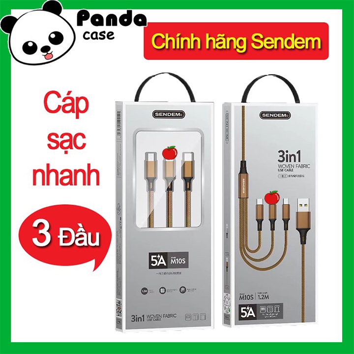 Dây cáp sạc 3 đầu bọc dù SENDEM hỗ trợ sạc nhanh phù hợp nhiều dòng máy (chân sạc/Micro/Type-C)