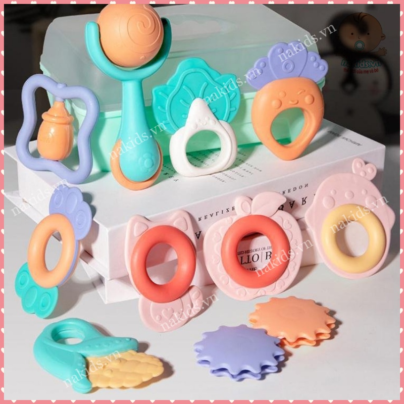 Bộ 10 Món Đồ Chơi Xúc Xắc Kèm Gặm Nướu Giảm Ngứa Lợi Cho Bé Baby Rattle Có Hộp Đựng