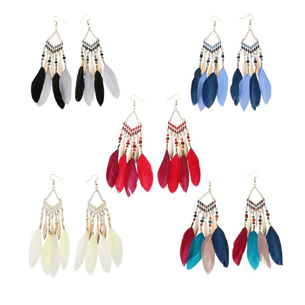 Bông tai dáng dài phối lông vũ phong cách Bohomian