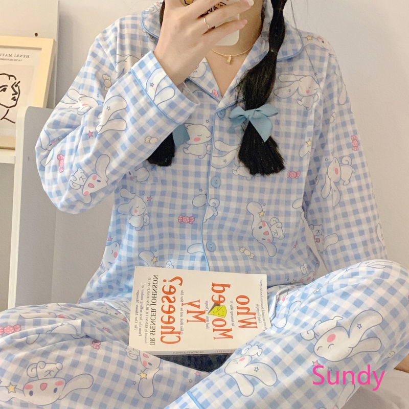 Bộ đồ ngủ dài tay họa tiết hoạt hình xinh xắn theo phong cách mùa thu