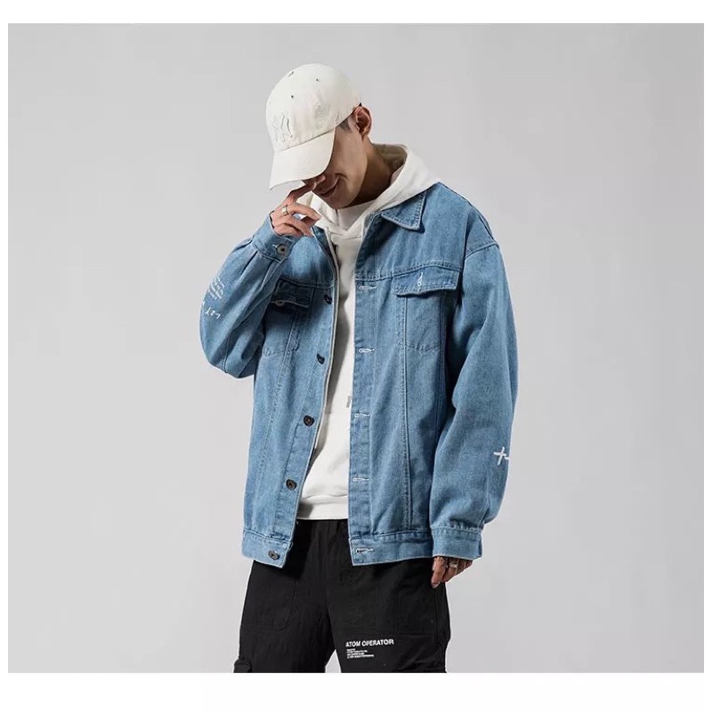 áo khoác jeans bò Nam in lưng T-A-N from rộng Hàn Quốc AKJI02 màu xanh