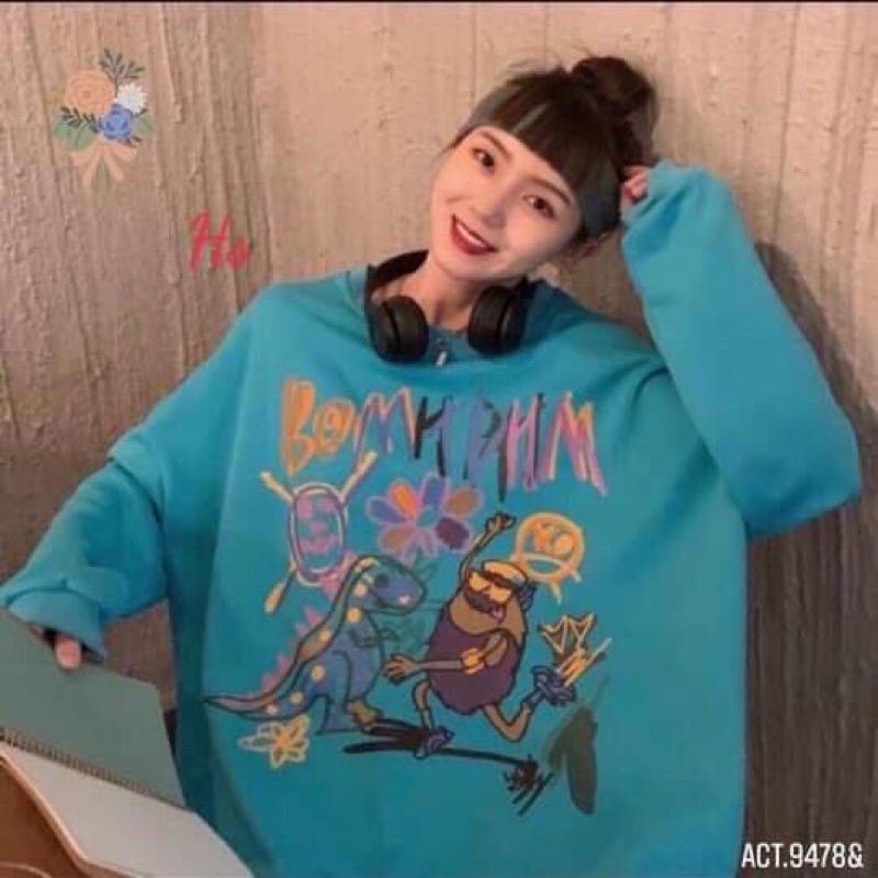 áo nỉ bông cổ tròn dài tay dáng rộng sweater vẽ khủng long người tiền sử Hs TC