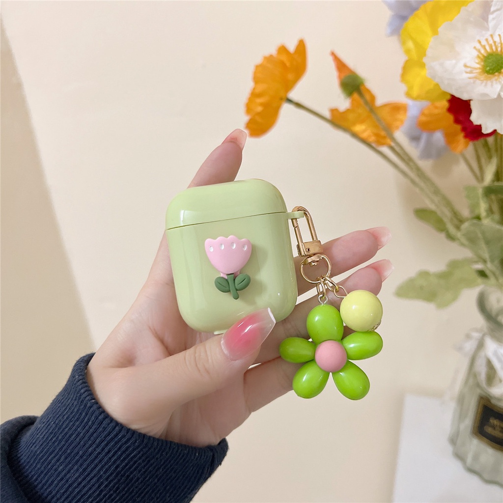 Vỏ Bảo Vệ Hộp Sạc Tai Nghe AirPod 1/2/3 Pro 1/2/3 Bằng Silicon Họa Tiết Hoa Màu Xanh Lá Đơn Giản
