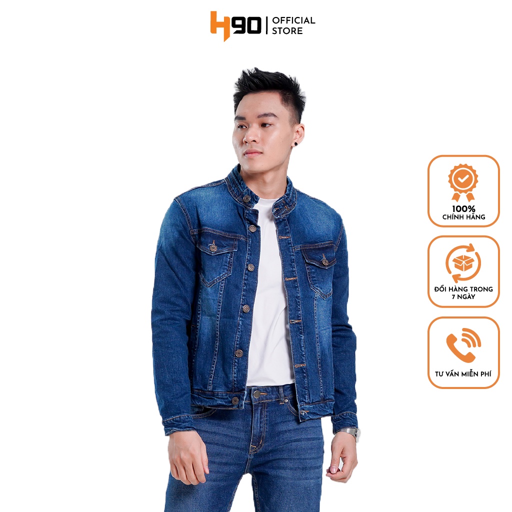 Áo khoác jean nam cổ tàu cao cấp H90 dáng ôm chất co giãn HJKJ002