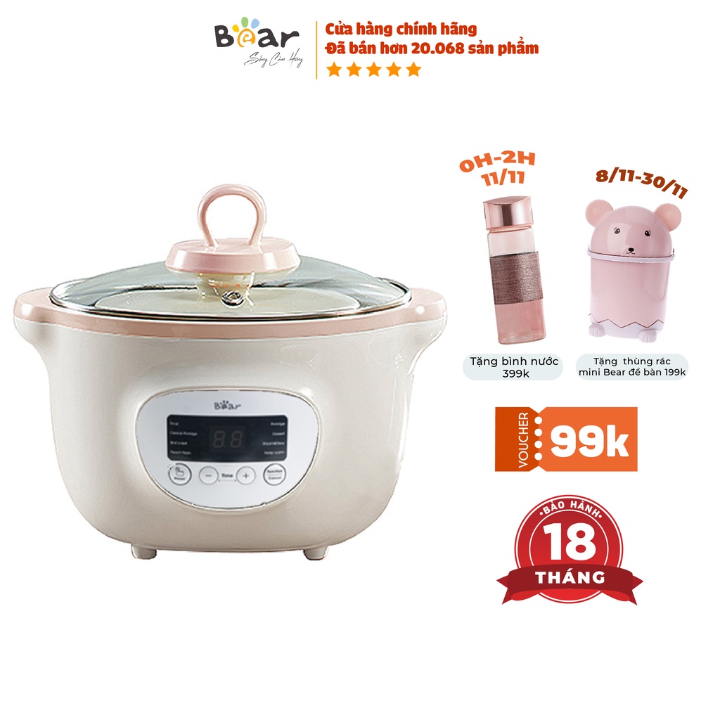 [Tặng thùng rác mini 199K] Nồi Nấu Cháo Chậm Bear Tự động Hẹn Giờ Thông Minh Chính hãng bản quốc tế, Có lồng hấp 1.6L