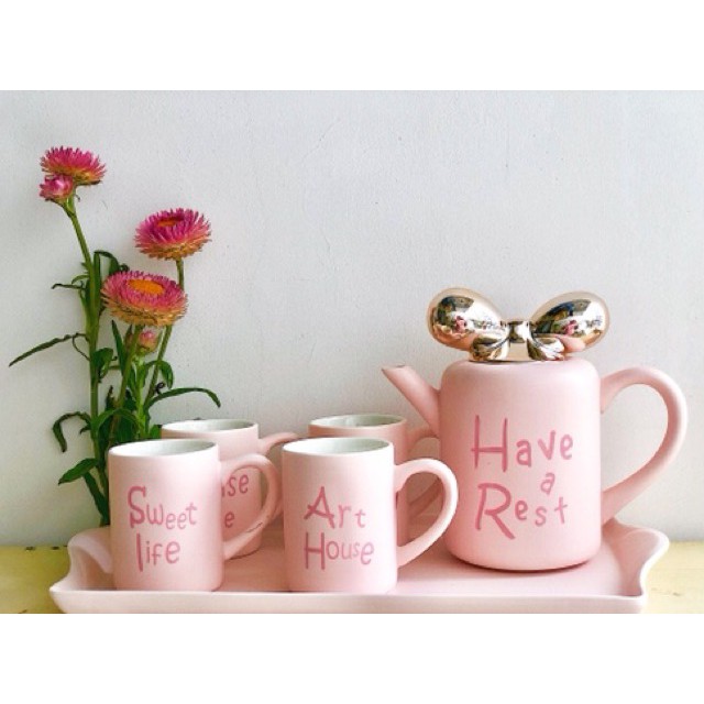 Bộ bình nước hình nơ hồng 4 cốc kèm khay