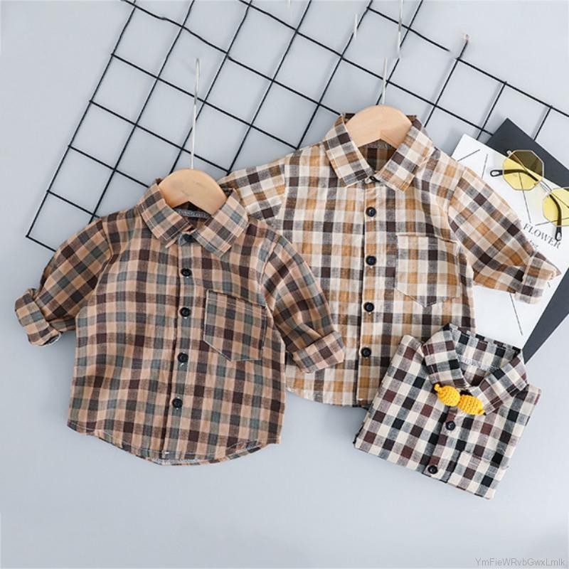 Set trang phục áo sơ mi caro tay dài + quần dài cổ điển thời trang cho bé trai