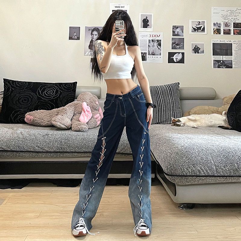 Quần Denim Lưng Cao Ống Rộng Xẻ Tà Màu Gradient Phong Cách Đường Phố Cá Tính Cho Nữ