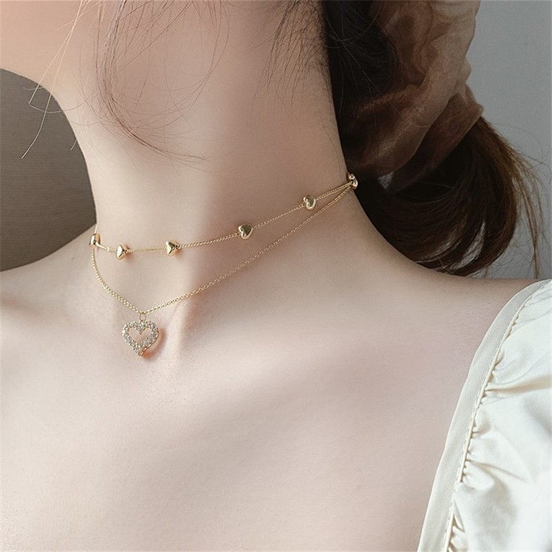 Vòng cổ Nhiều Lớp Mặt Trái Tim Đính Đá Thời Trang Hàn Quốc