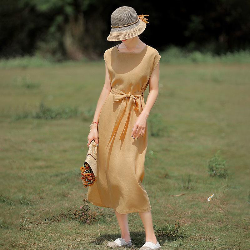 Đầm Cotton Lanh Cao Cấp Màu Xanh Lá Phong Cách retro Mùa Hè Cho Nữ Trung Niên