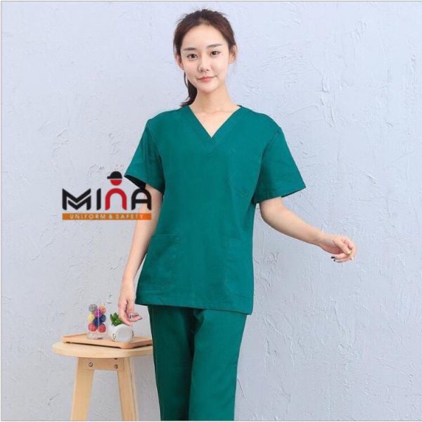 Bộ scrubs bác sĩ, quần áo y tế - Màu Xanh lá không túi ngực (có hình ảnh thực tế)