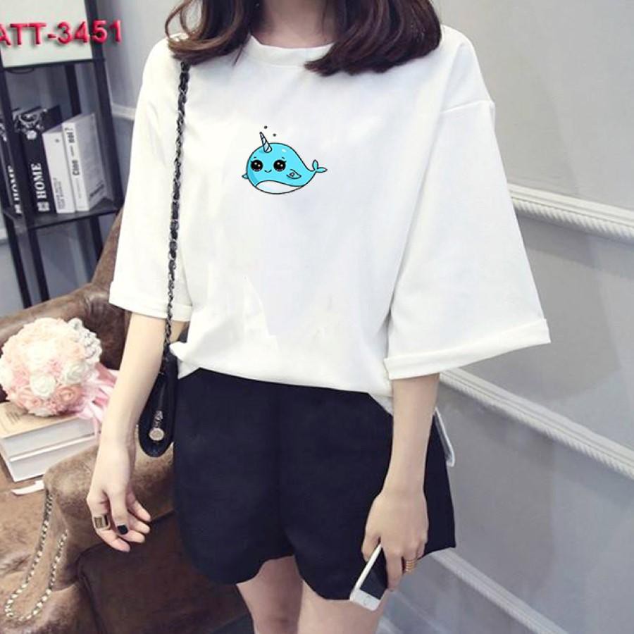 Áo thun nữ tay lỡ Hàn Quốc form rộng in hình cá voi xanh dễ thương vài dày mịn TEEWOTL33