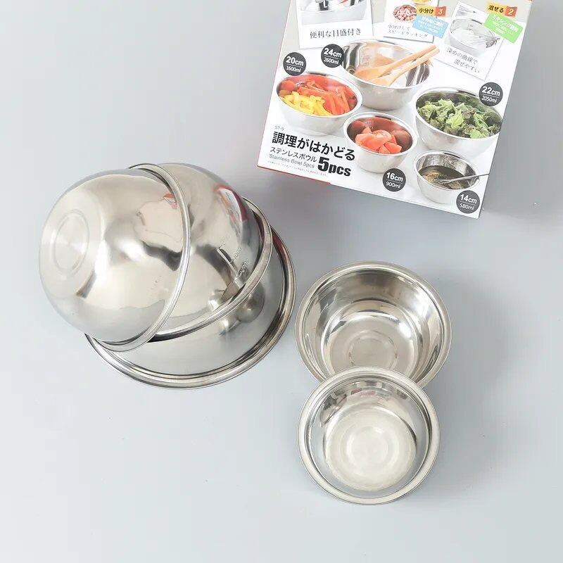 Bộ 5 Thau Chậu Inox Không Gỉ Có Chia Vạch Xuất Nhật Cao Cấp Siêu Bền