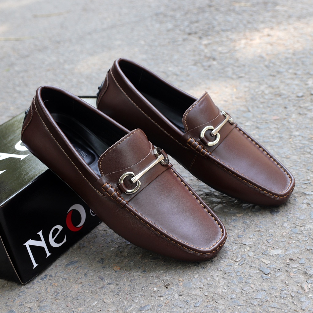 Giày lười nam da bò đẹp màu nâu, đai ngang kim loại - 4435na