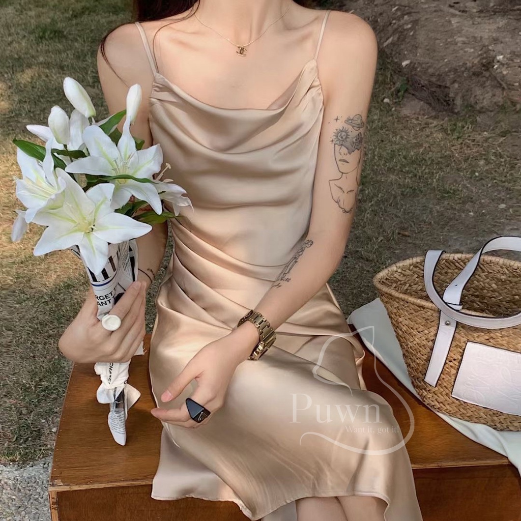 Váy lụa hai dây vạt chéo xếp li eo dự tiệc, prom quyến rũ, bí ẩn, sexy Puwn Shop