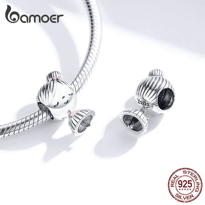 Hạt phụ kiện Bamoer bằng bạc 925 thiết kế hình bé gái/bé trai dùng làm trang sức tiện dụng