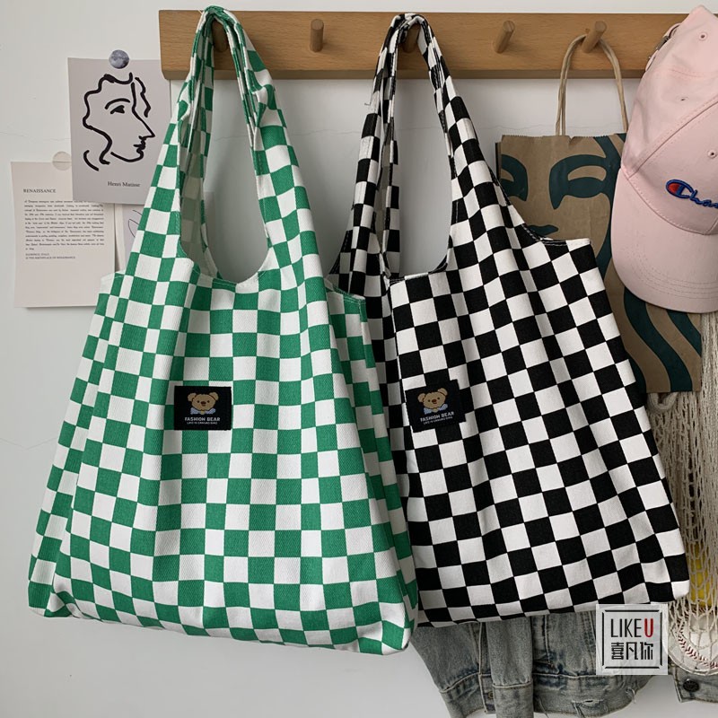 Túi tote đeo vai IELGY vải canvas họa tiết bò sữa/ caro đơn giản sức chứa lớn cho nữ