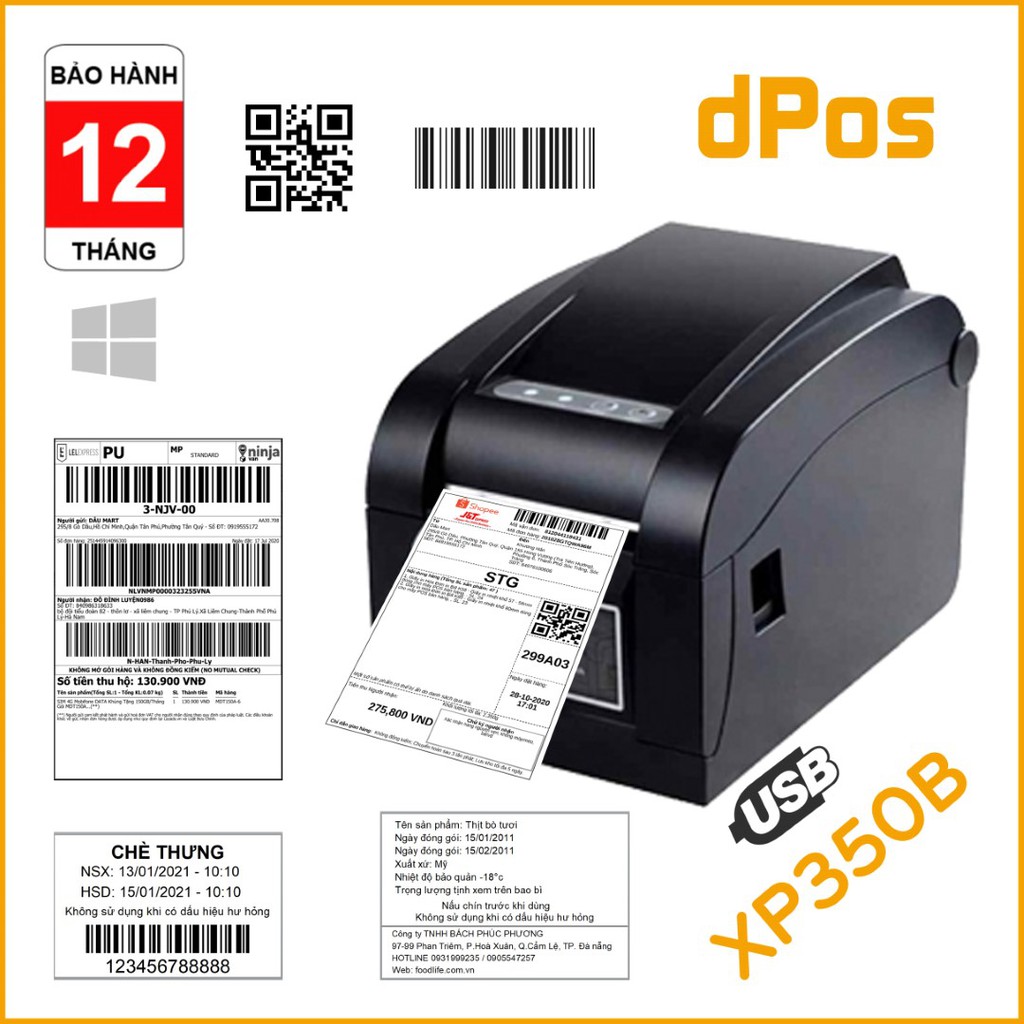 Máy in dPos Xprinter XP318B &amp; XP350B in tem nhãn mã vạch Minicode, tem phiếu vận chuyển và in Bill hóa đơn cửa hàng