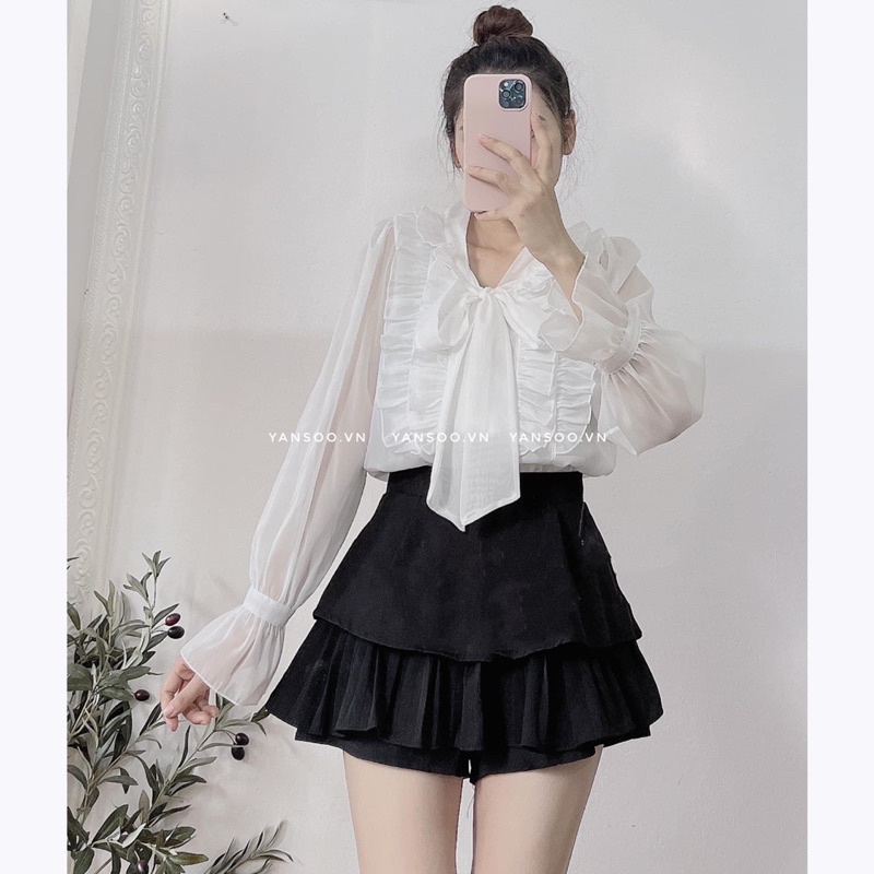 Áo somi trắng kiểu nơ cổ  tay bồng tiểu thư chất tơ sống hàng đẹp ảnh thật by YANSOO
