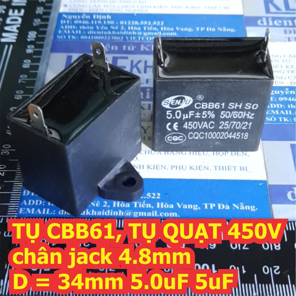 TỤ điện CBB61 TỤ QUẠT 450V, màu ĐEN, chân jack đực 4.8mm D = 34mm / 42MM 1uF ~ 15uF kde6883