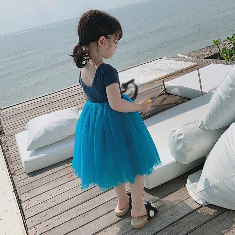 Đầm Tay Ngắn Cổ Tròn Phối Lưới Kiểu Hàn Quốc Dễ Thương Cho Bé Gái