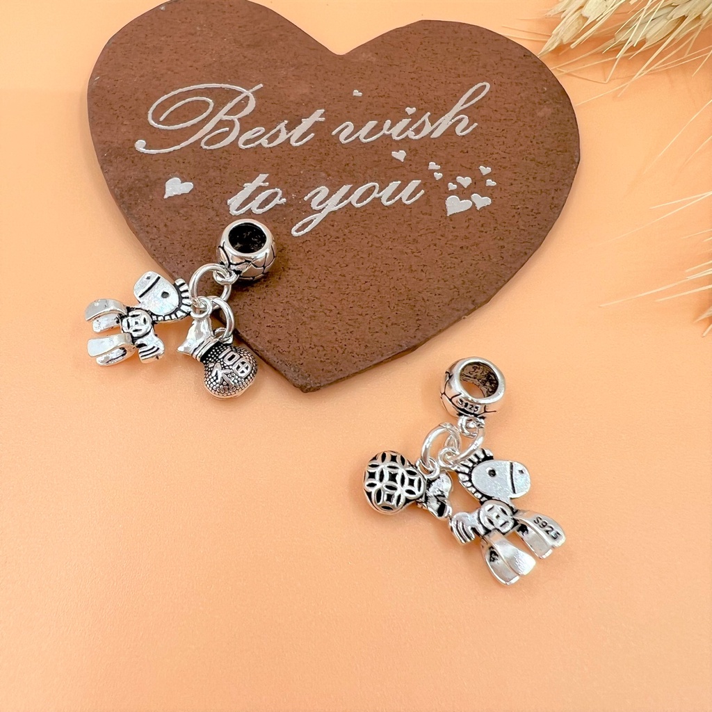 Charm móc treo lỗ lớn túi tiền may mắn và ngựa bụng kim tiền - Charm Bạc 925 - Mã CA800