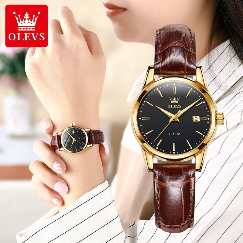 Đồng hồ đôi chính hãng Olevs_Đồng hồ cặp đôi dây da_donghodoi_donghodoinamnu_donghodoichongnuoc_Tặng hộp đẹp chính hãng