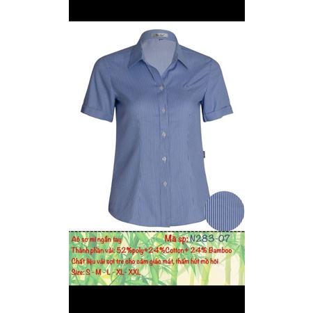 Áo sơ mi nữ Thái Hòa sọc xuôi màu xanh đậm mã 283 chất sợi tre pha cotton và Poly