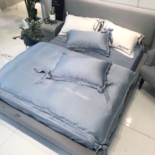 Bộ chăn ga gối cưới lụa nơ 4 món