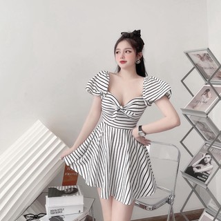 Đầm  trễ vai  jum kẻ chất tăm cotton vừa mát vừa xinh nơ buộc tay bồng tăng độ đáng yêu