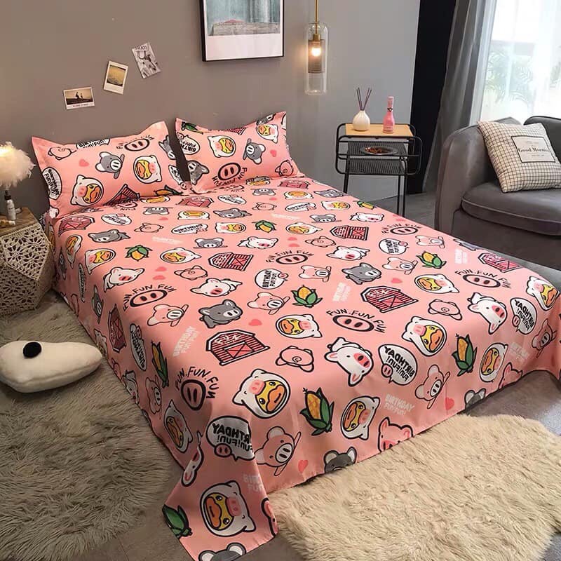 Chăn ga gối Emmibedding chất liệu cotton poly họa tiết nông trại lợn đáng yêu đủ size miễn phí bo chun