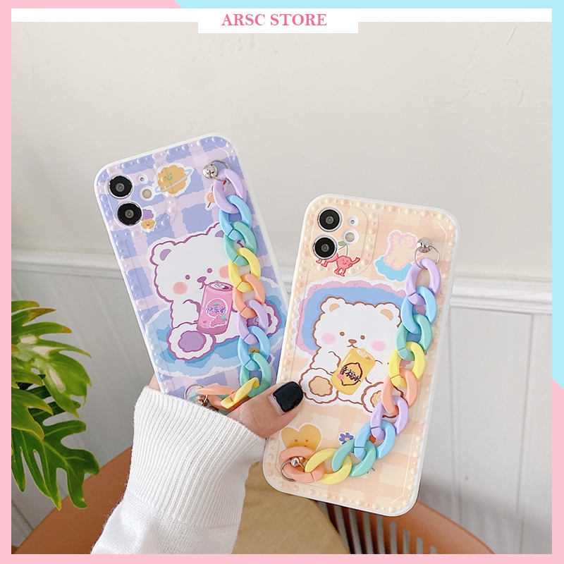 Ốp lưng iphone gấu uống nước kèm dây hoạt hinh dễ thương cho Iphone 7 8 Plus SE X XS XS Max 11 12 13 Pro Max
