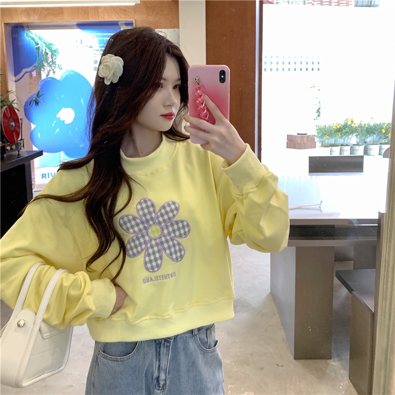 Áo sweater SUXI thể thao tay dài dáng rộng họa tiết hoa xinh xắn dễ phối đồ cho nữ
