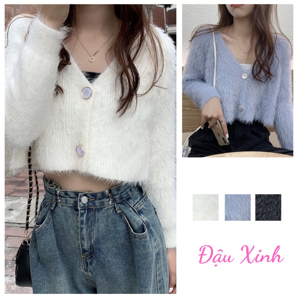 Áo len croptop lông thỏ tay dài áo khoác lông trắng dáng ngắn shop Đậu Xinh - 129