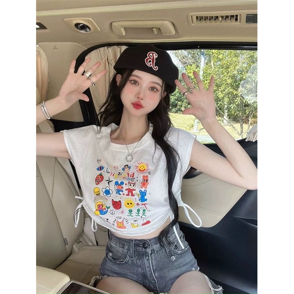 Áo croptop in hoạ tiết xinh dây rút hai bên eo GB alohashop91