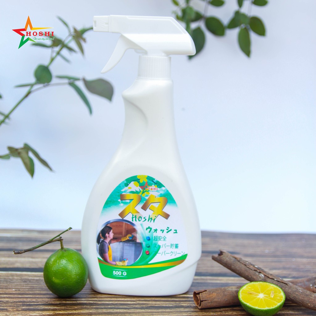 Xịt tẩy rửa sinh học đa năng HOSHI Nhật Bản 500ml - Hương Chanh. Dạng bọt tuyết làm sạch mọi bề mặt trong nhà bếp.