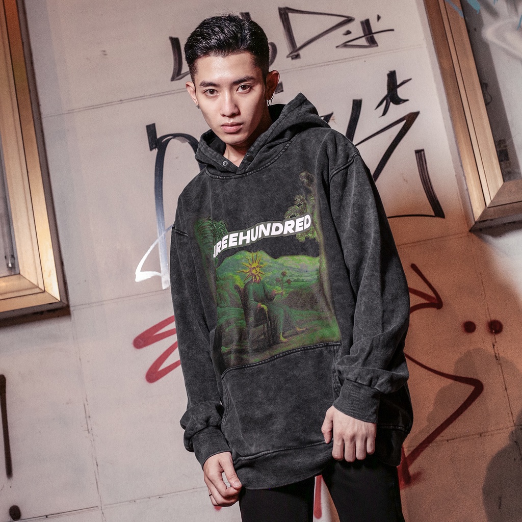 Áo Hoodie Wash Xám The Black Sun Form Rộng rãi Thoải Mái Unisex Chất Liệu 100% Cotton Hình In Sắc Nét Wash Đá Bọt