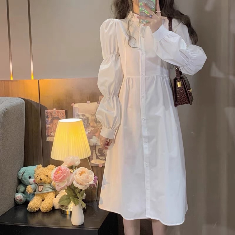 Váy sơ mi trắng dáng dài tay bồng