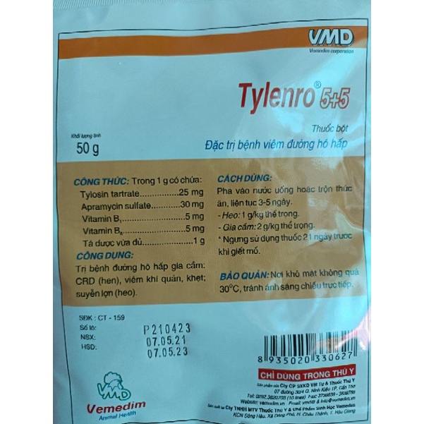 Gói TYLENRO 5+5 hen, khẹc gà gói 50g