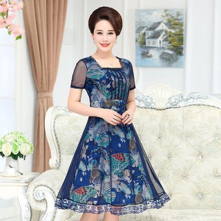 váy đầm dáng xoè◇✉◘Váy đầm phụ nữ trung niên và cao tuổi mùa xuân cho mẹ dài tay ngắn hè 40-50