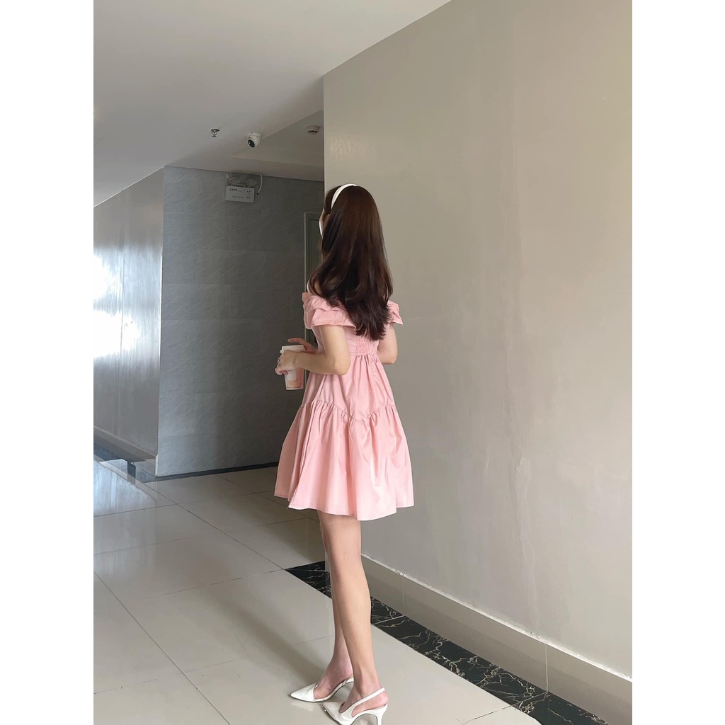 [Sẵn/ảnh thật] Váy trễ vai hồng phấn trắng chun sau tiểu thư siêu xinh đầm xinh đi chơi