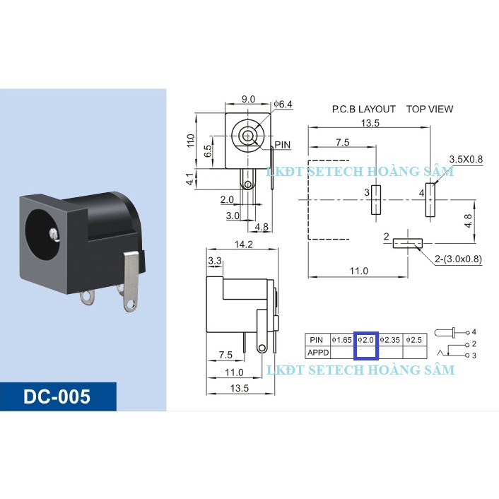 Jack nguồn cái, chân ngồn DC005 5.5x2.0mm DC002 3.5x1.3mm chân cắm hàn mạch