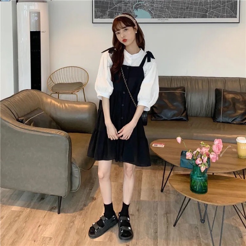 Set Áo Trắng + Váy Hai Dây Đen Ulzzang Nữ M30