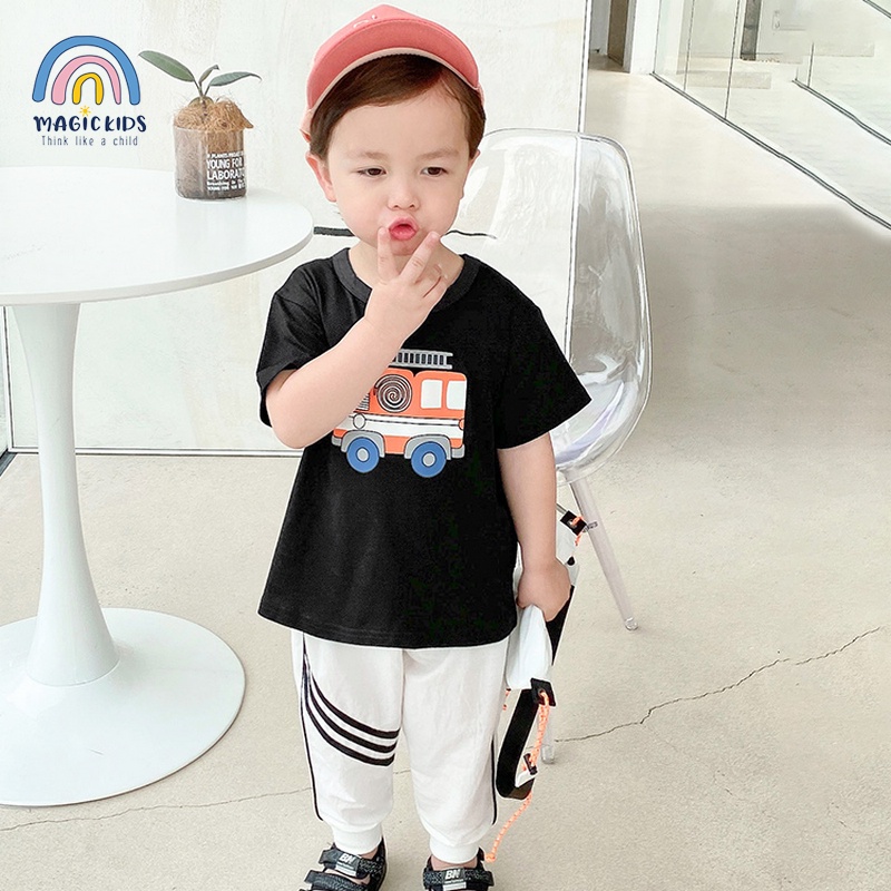 Áo thun cộc tay cho bé 2 3 4 5 6 7  tuổi cotton in hình xe co giãn thoáng mát Magickids Quần áo trẻ em mùa hè AO22001