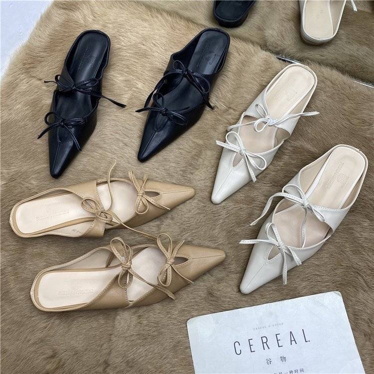 Dép Bít Mũi Nhọn Đính Nơ Thời Trang Cho Nữ