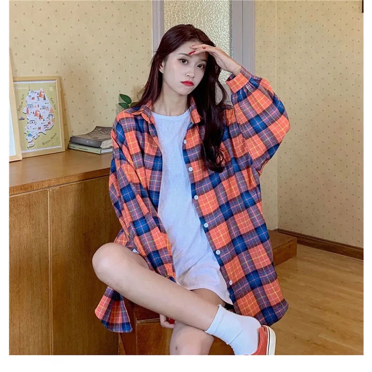 Áo sơ mi tay dài họa tiết kẻ sọc ca rô thời trang Hàn Quốc cho nữ