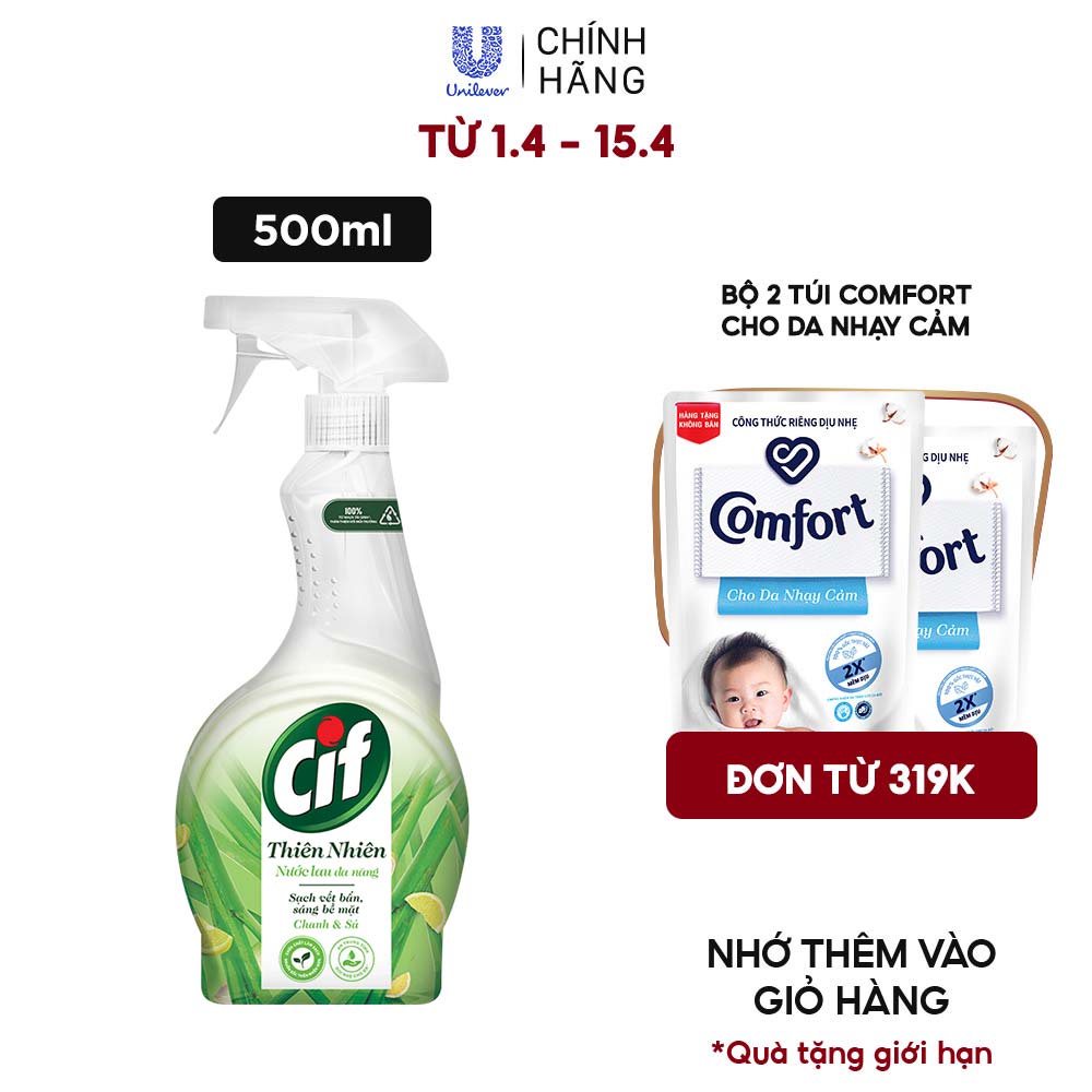 Nước Lau Đa Năng Cif Thiên Nhiên 500ML Chanh &amp; Sả Sạch Vết Bẩn An Toàn